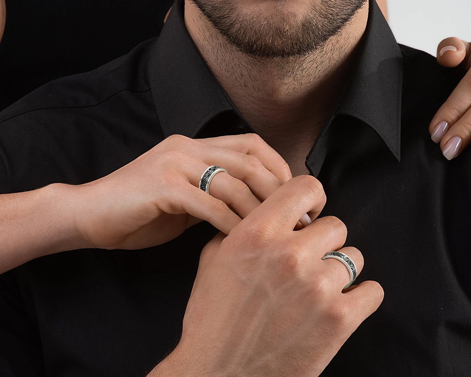 Black Gold Two Tone Black Gold Black Diamond His and Hers Matching Wedding Bands - Filigree Style