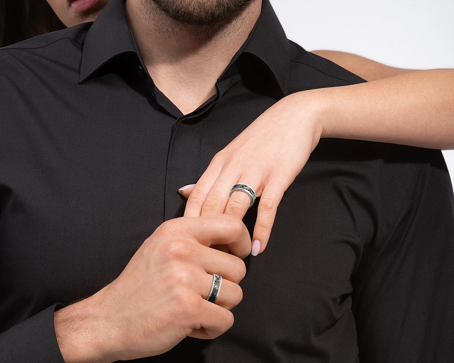Black Gold Two Tone Black Gold Black Diamond His and Hers Matching Wedding Bands - Filigree Style