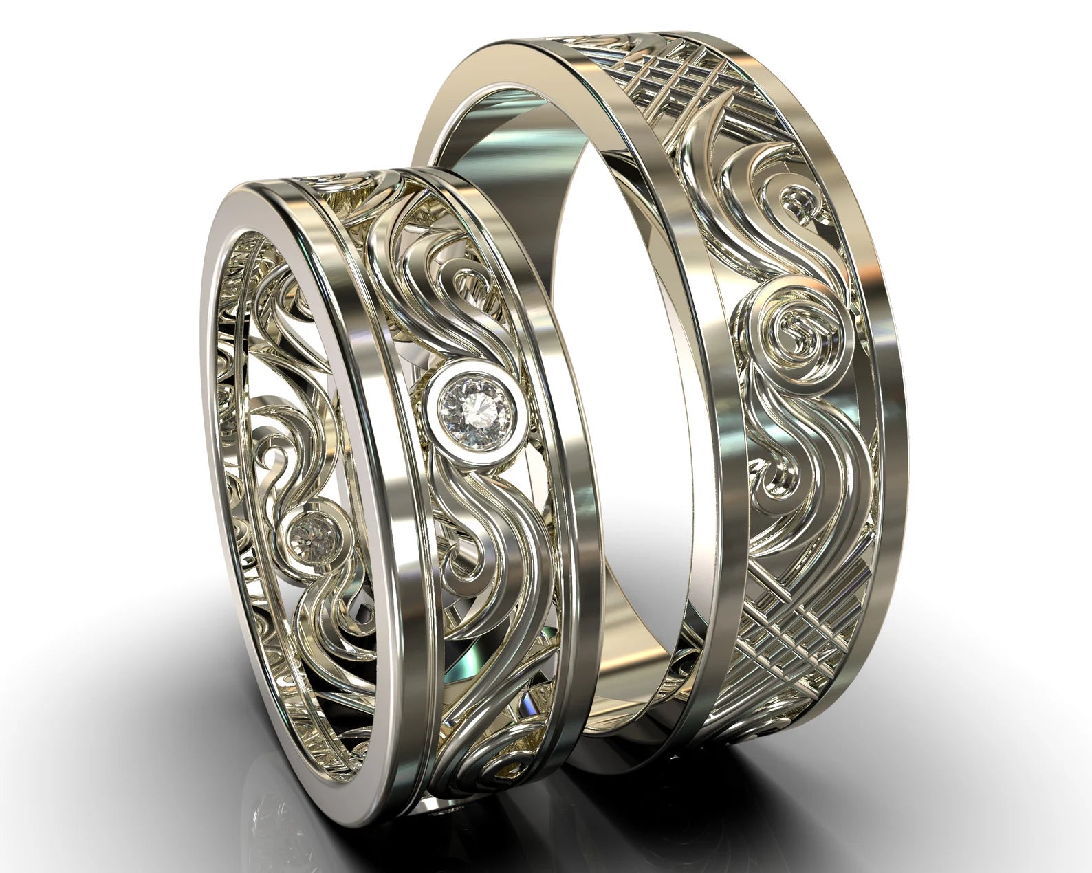 White Gold White Gold Diamond His and Hers Matching Wedding Bands - Filigree Style