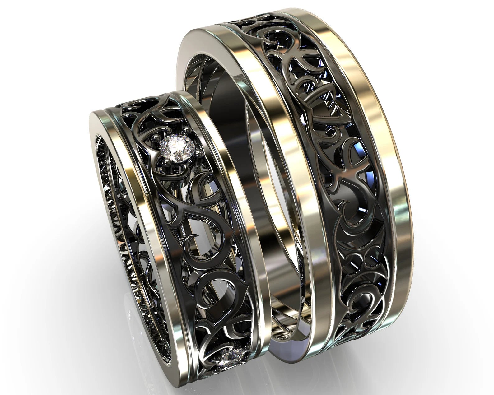Black Gold Two Tone Black Gold Diamond Matching Wedding Bands - Unique Floral Rings