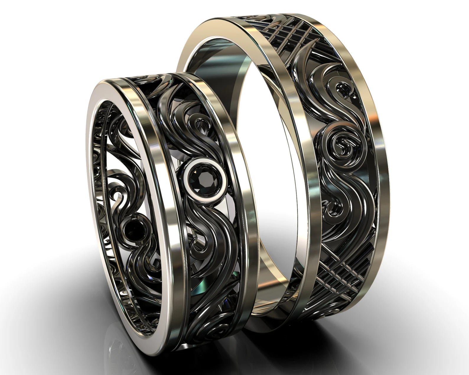 Black Gold Two Tone Black Gold Black Diamond His and Hers Matching Wedding Bands - Filigree Style