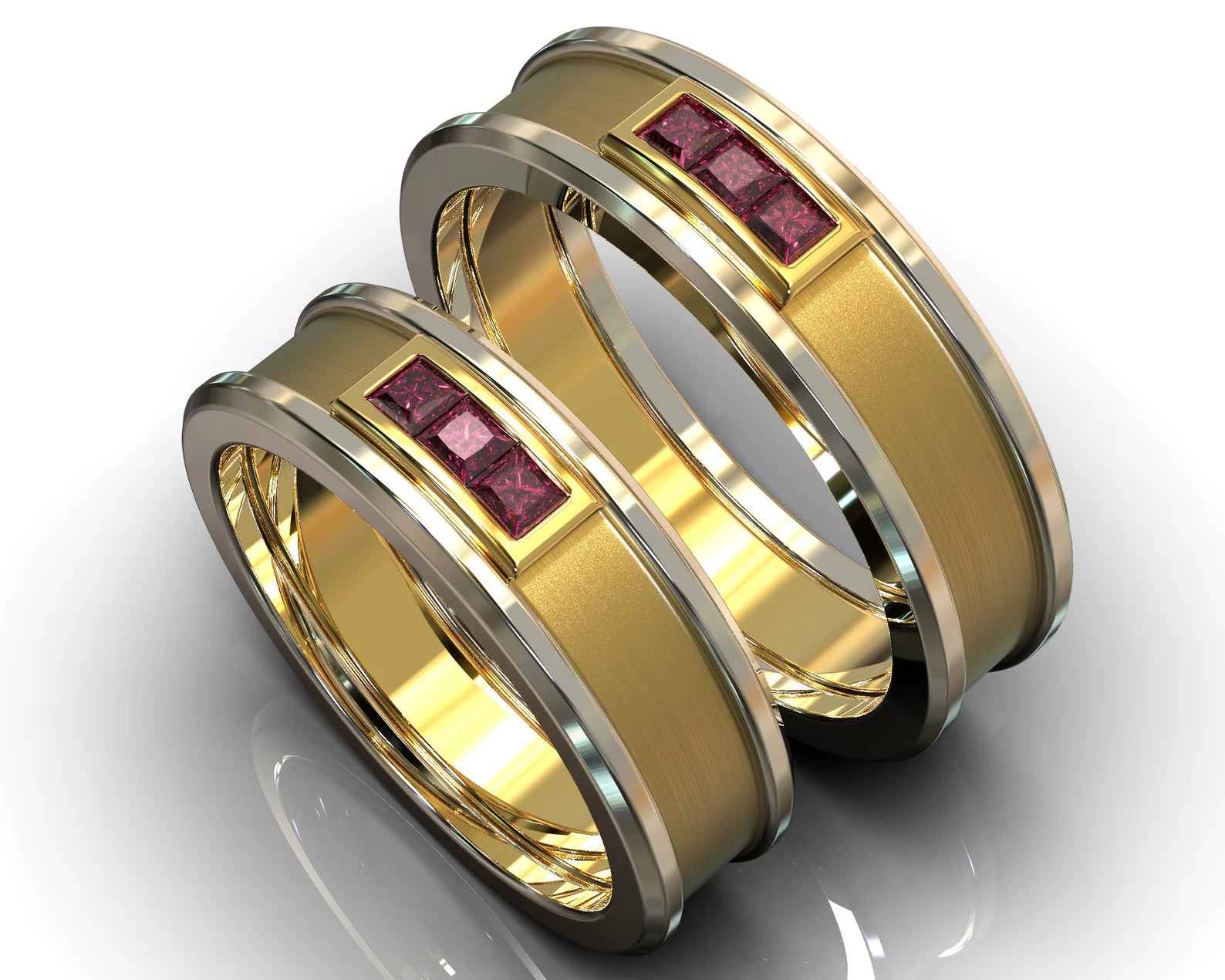 Two Tone Gold Ruby His and Hers Matching Wedding Bands - Square Gem – view 1