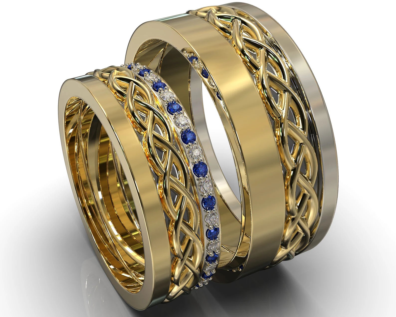 Two Tone Gold Diamond Sapphire Matching Wedding Bands - Celtic Design – view 1