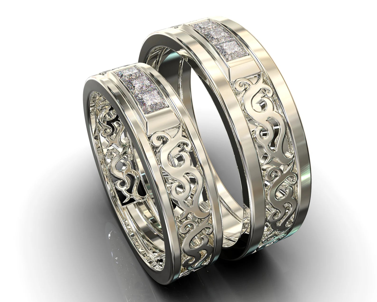 White Gold Unique White Gold Square Diamond Matching Wedding Bands - Filigree Design