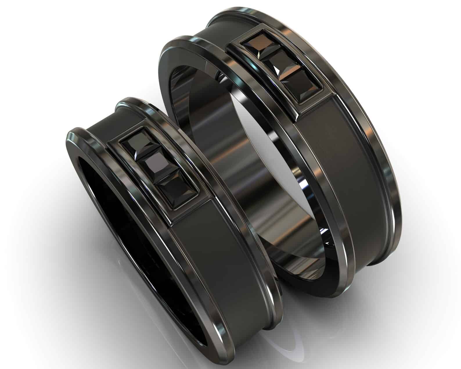 Black Gold Black Gold Black Diamond His and Hers Matching Wedding Bands - Square Gem