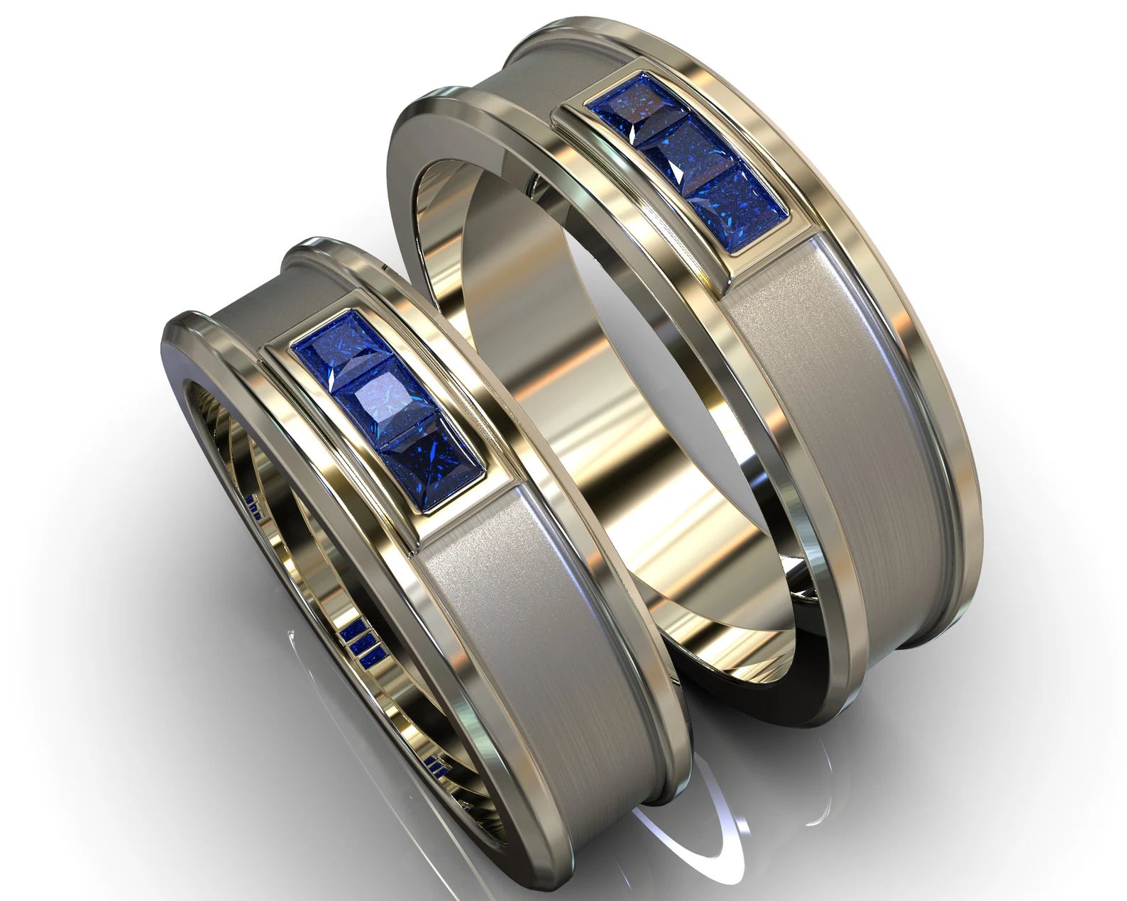 White Gold White Gold Sapphire His and Hers Matching Wedding Bands - Square Gem