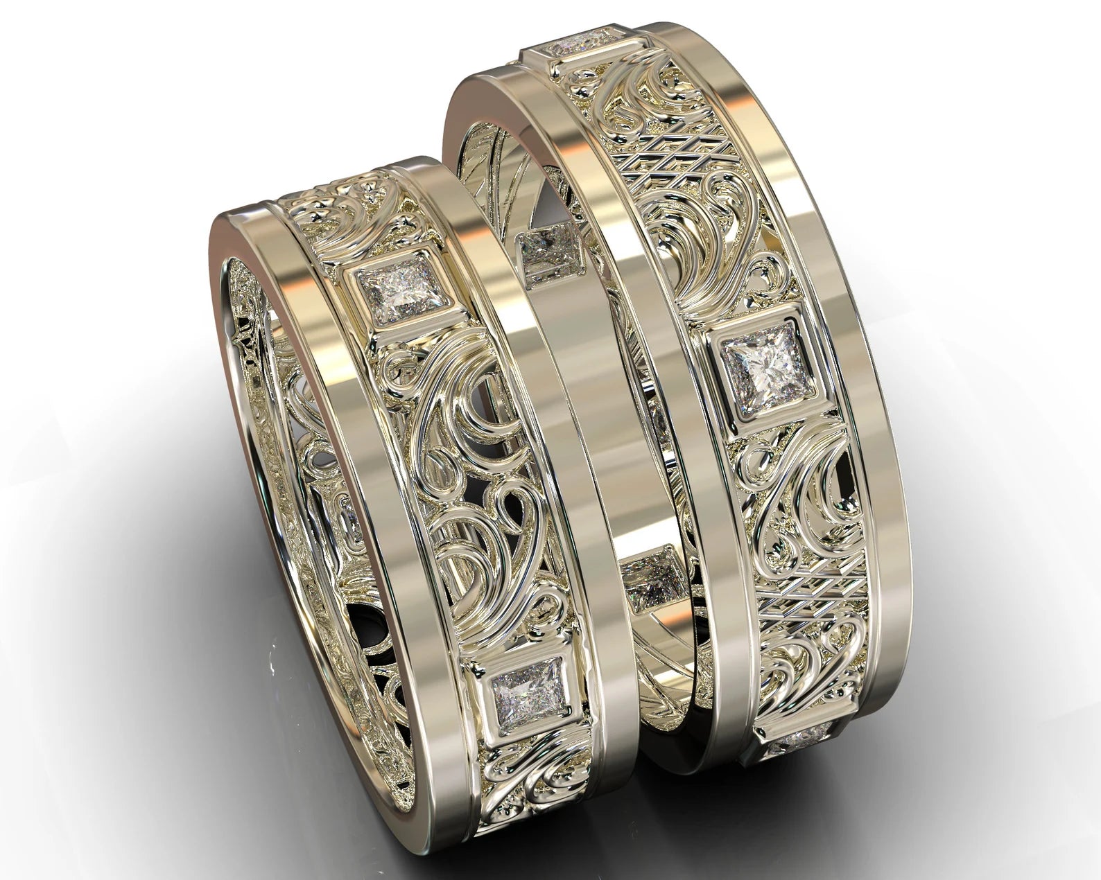 White Gold White Gold Diamond His and Hers Matching Wedding Bands - Princess Gem