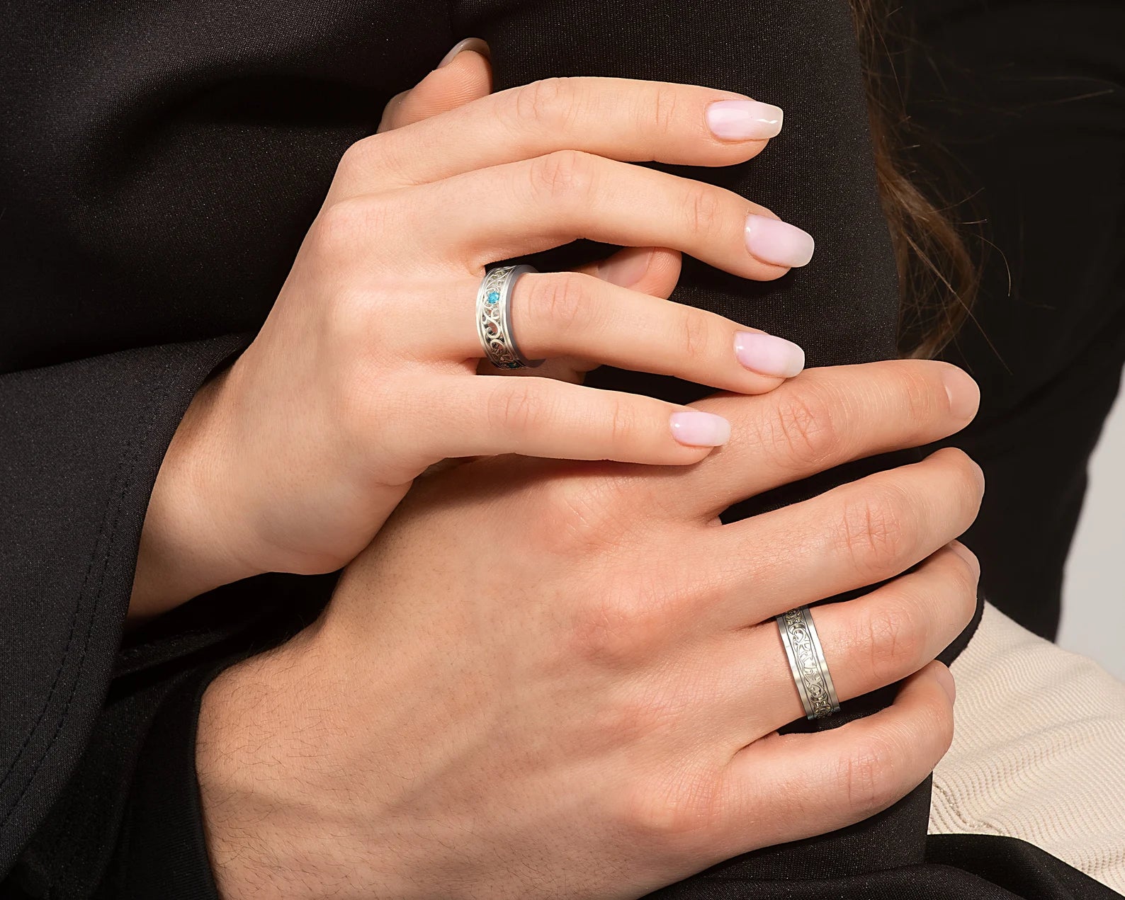 White Gold White Gold Blue Diamond Matching Wedding Bands - Unique Floral Rings