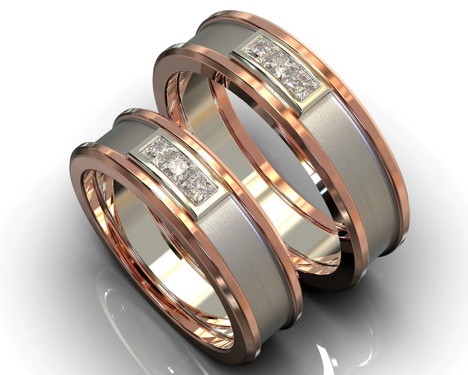 Rose Gold Two Tone Rose Gold Diamond His and Hers Matching Wedding Band - Square Gem