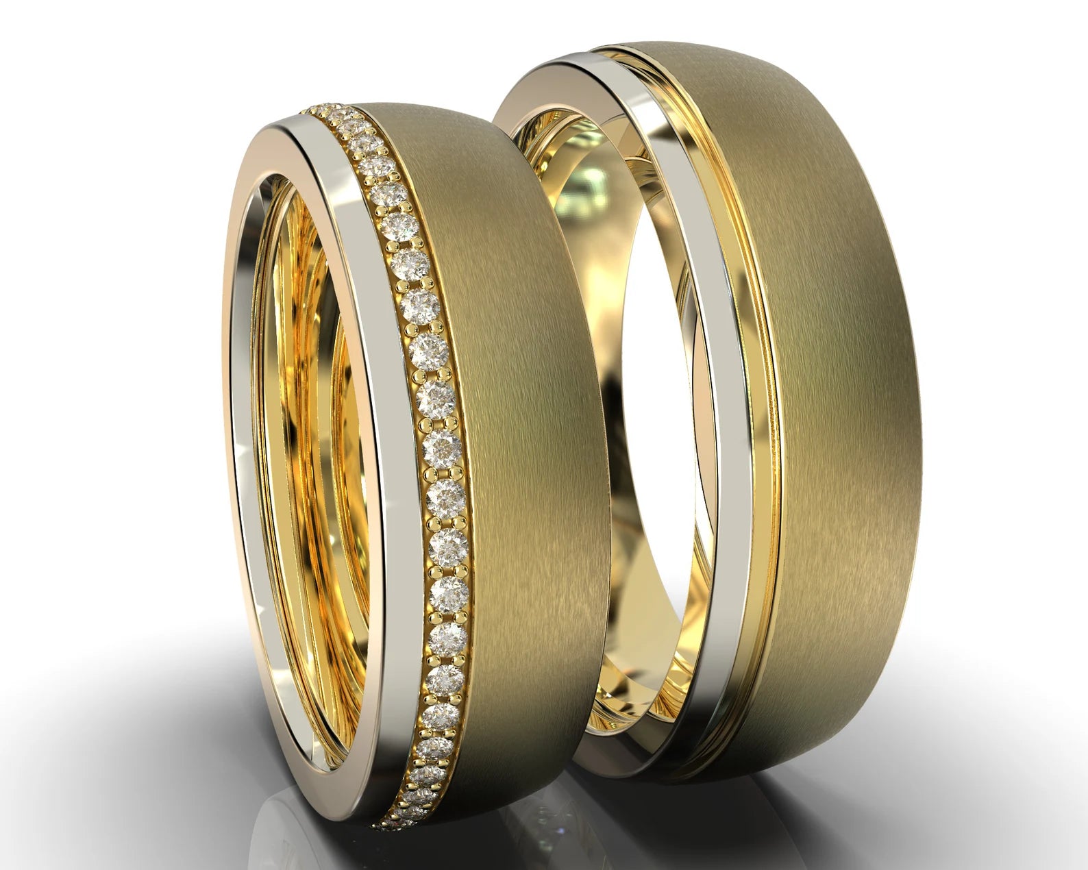 Two Tone Gold Diamond Matching Wedding Bands - Two Texture Ring – view 1