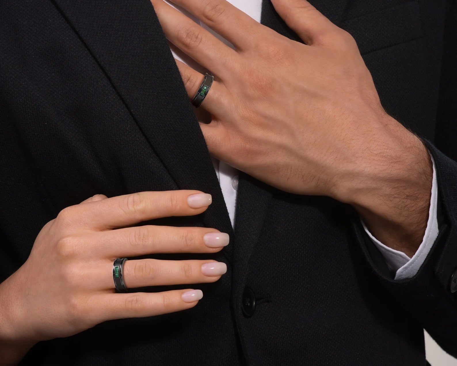 Black Gold Black Gold Emerald His and Hers Matching Wedding Bands - Square Gem