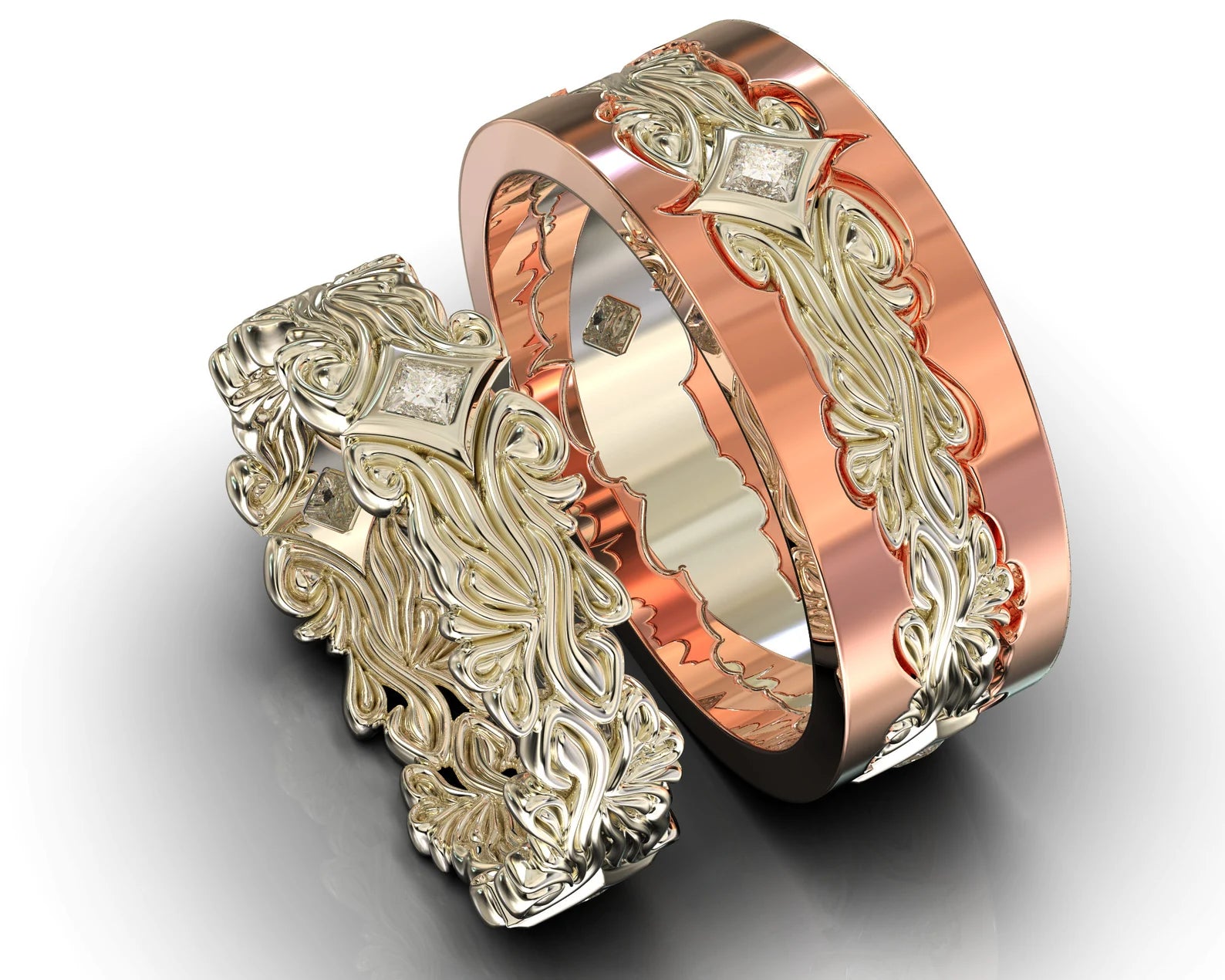 White Gold White Gold Rose Gold Diamond His And Hers Matching Wedding Bands - Floral Style