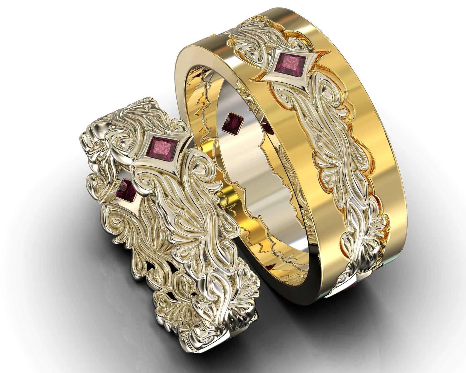 Two Tone Gold Ruby His and Hers Matching Wedding Bands - Floral Style – view 1