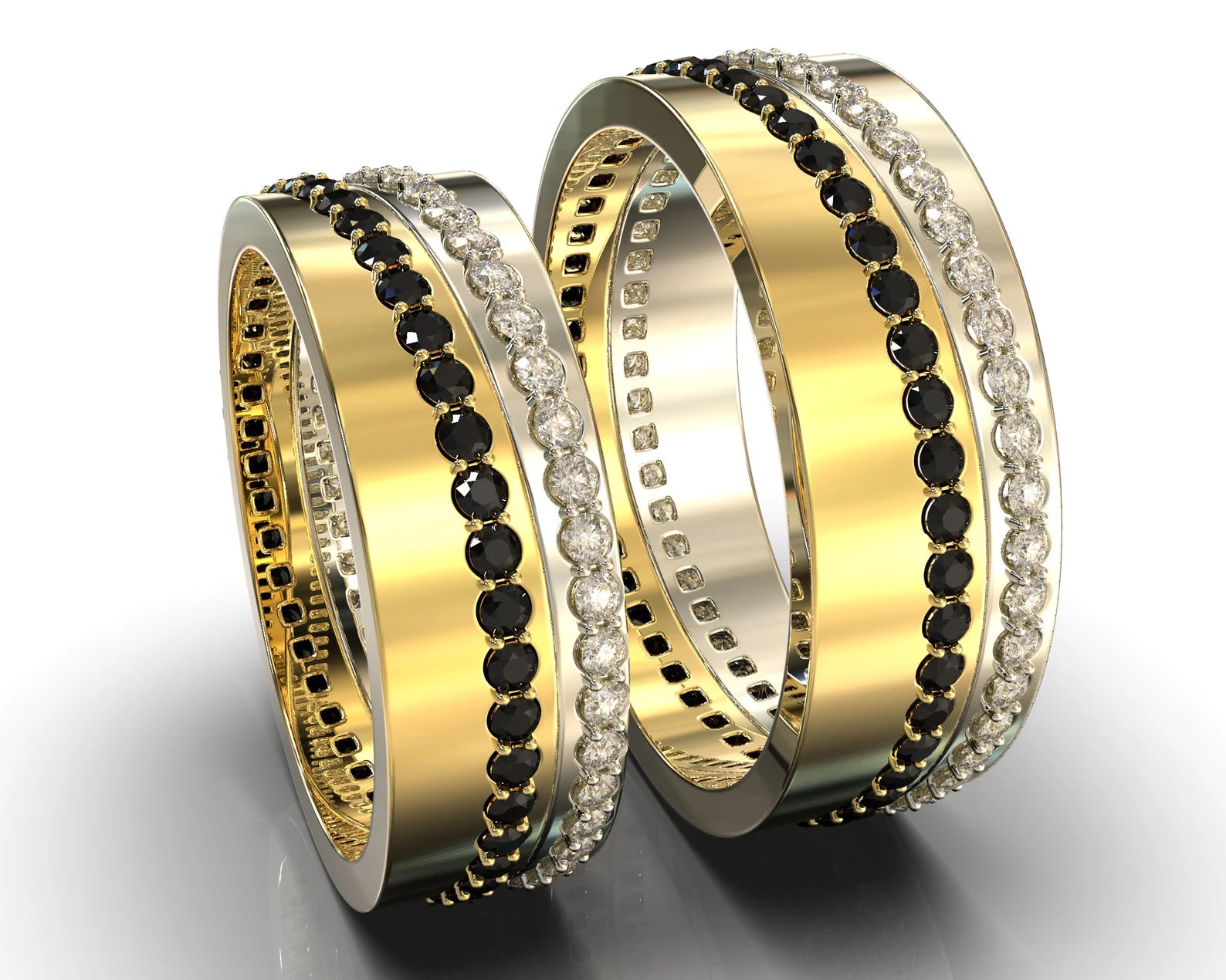 Two Tone Gold Split Black Diamond His and His Matching Wedding Bands – view 1