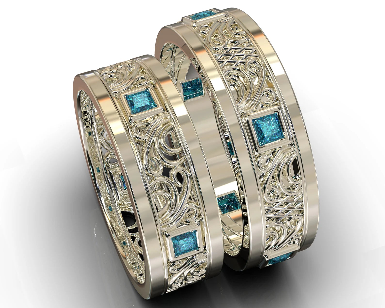 White Gold White Gold Blue Diamond Matching Wedding Bands - Princess Gem