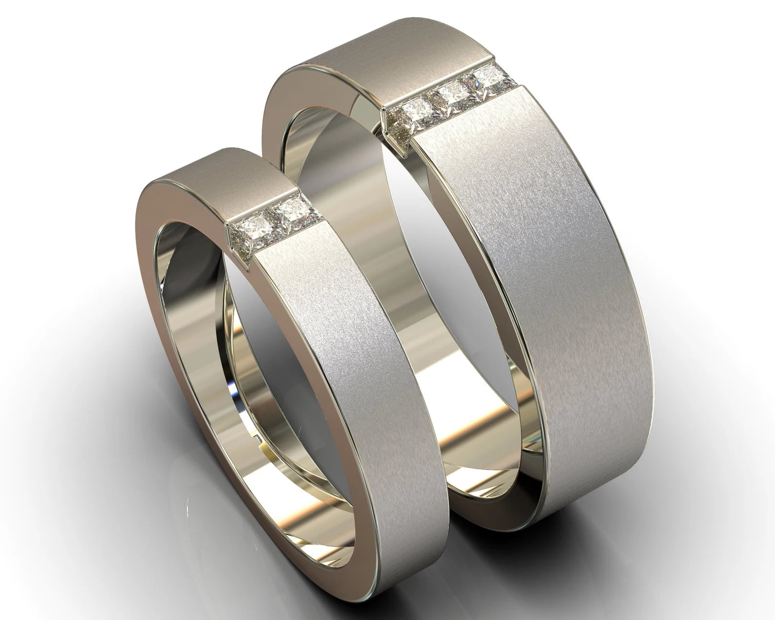 White Gold Flush Diamond White Gold Matching Wedding Bands - Brushed Gold Rings