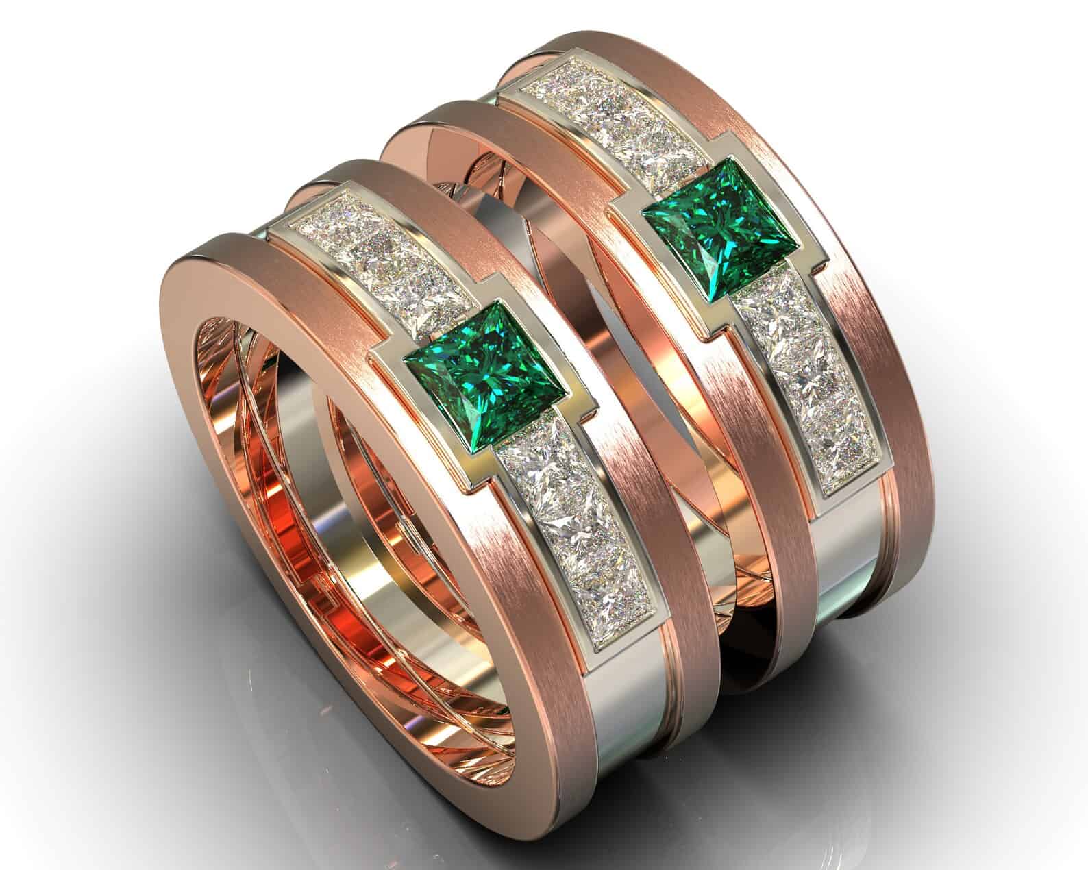 Brushed Two Tone Gold Emerald Diamond His and His Matching Wedding Bands – view 1