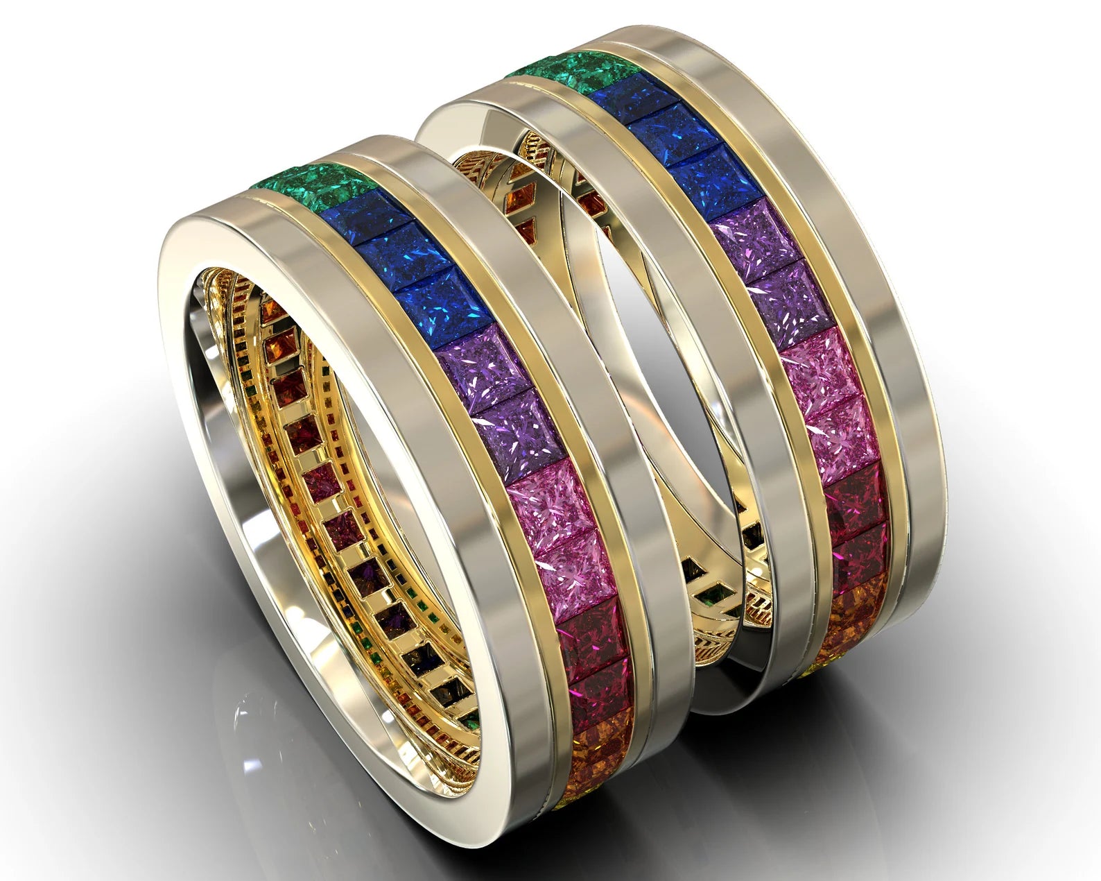 Two Tone Gold Rainbow Gemstone His And His Matching Wedding Bands – view 1