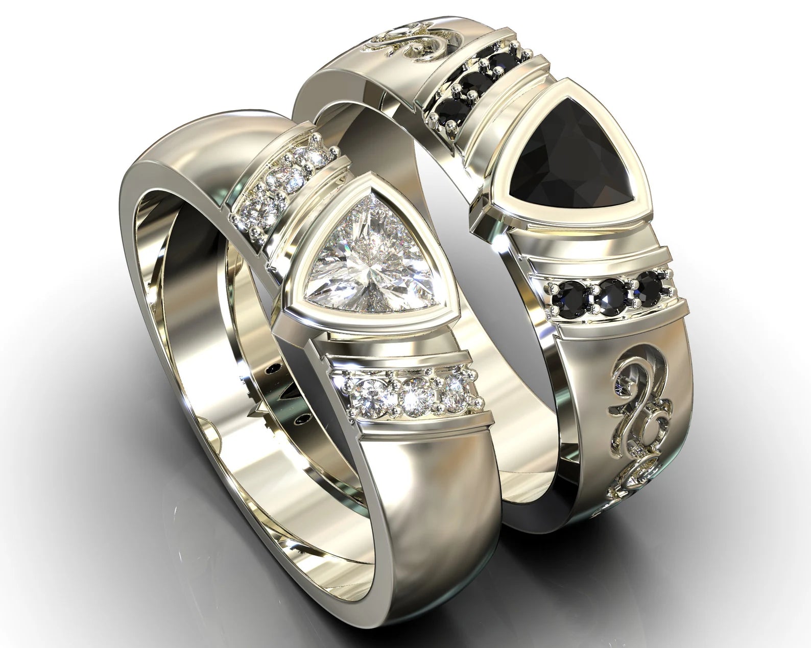 Black &amp; White Diamond Tribal His and His Matching Wedding Bands – view 1