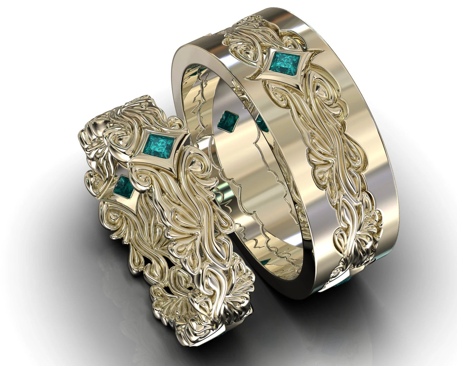 White Gold White Gold Blue Diamond His And Hers Matching Wedding Bands - Floral Style