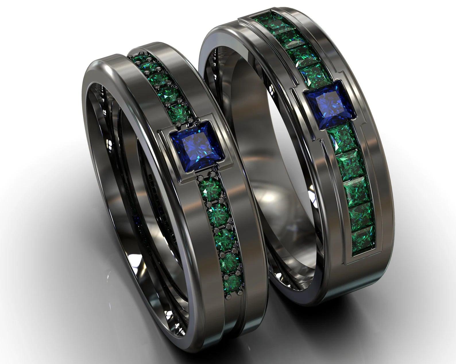Black Gold Black Gold Emerald Sapphire Matching His and His Wedding Bands