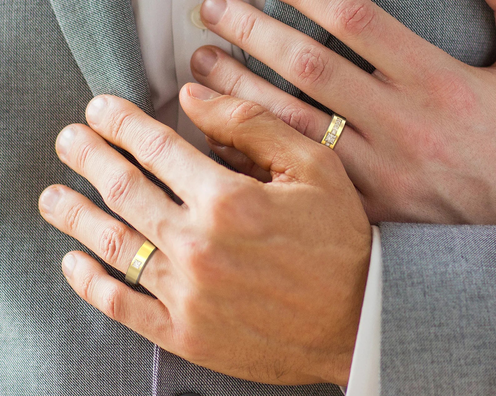 Unique Gold Princess Diamond His and His Matching Wedding Bands – view 2