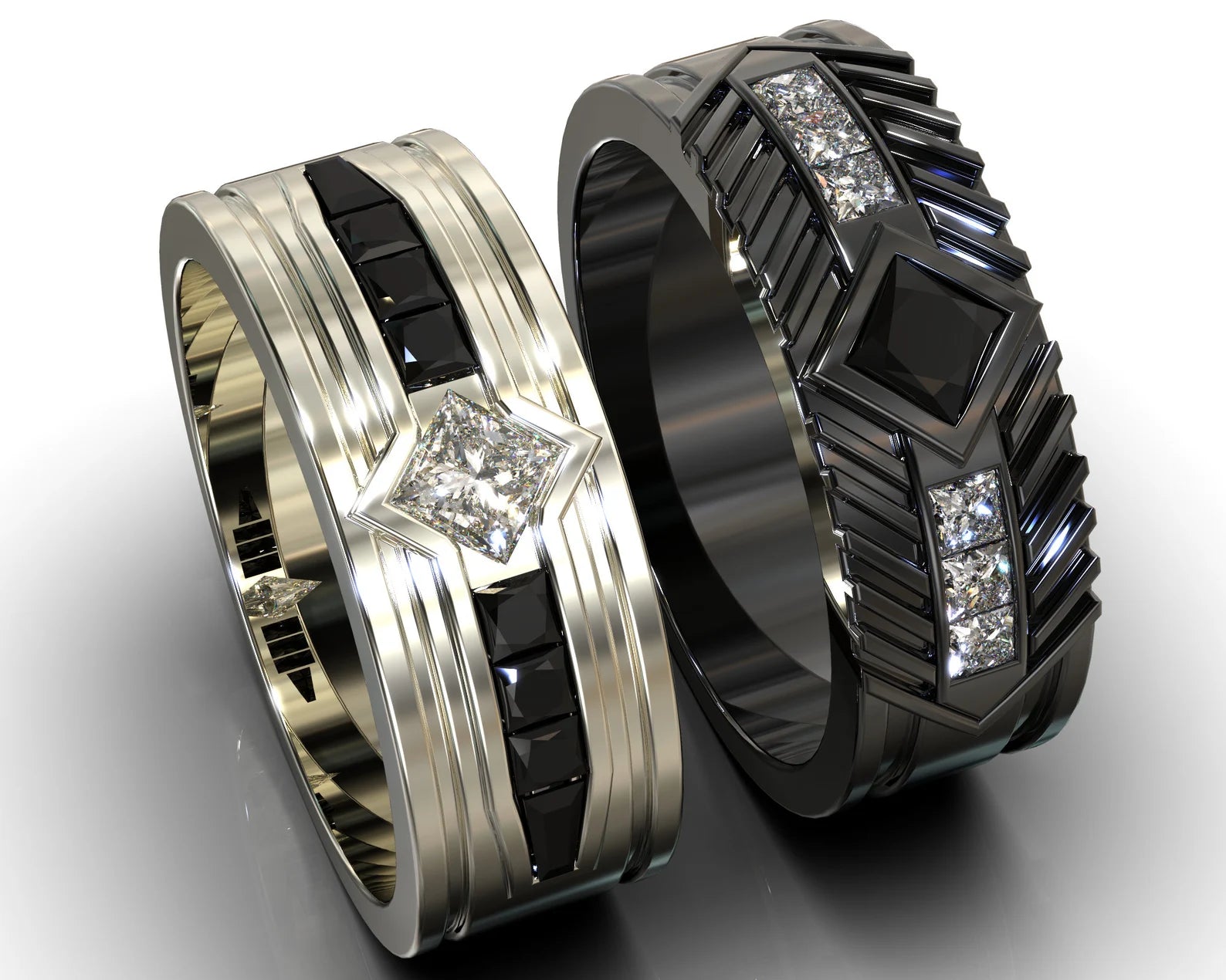 Two Tone Black and White Diamond His and His Matching Wedding Bands – view 1