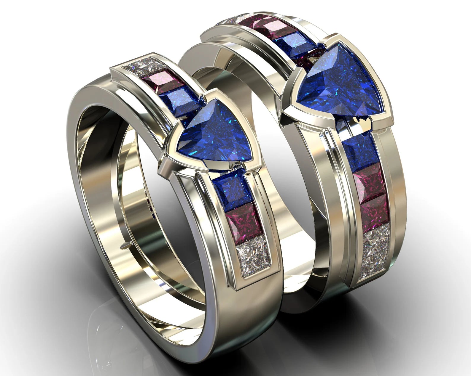 White Gold White Gold Sapphire Ruby Diamond His and His Matching Wedding Bands