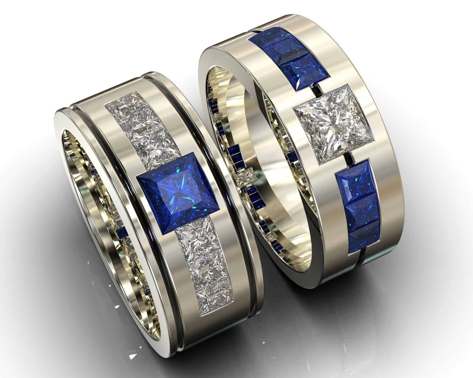 White Gold White Gold Sapphire Diamond His and His Matching Wedding Bands