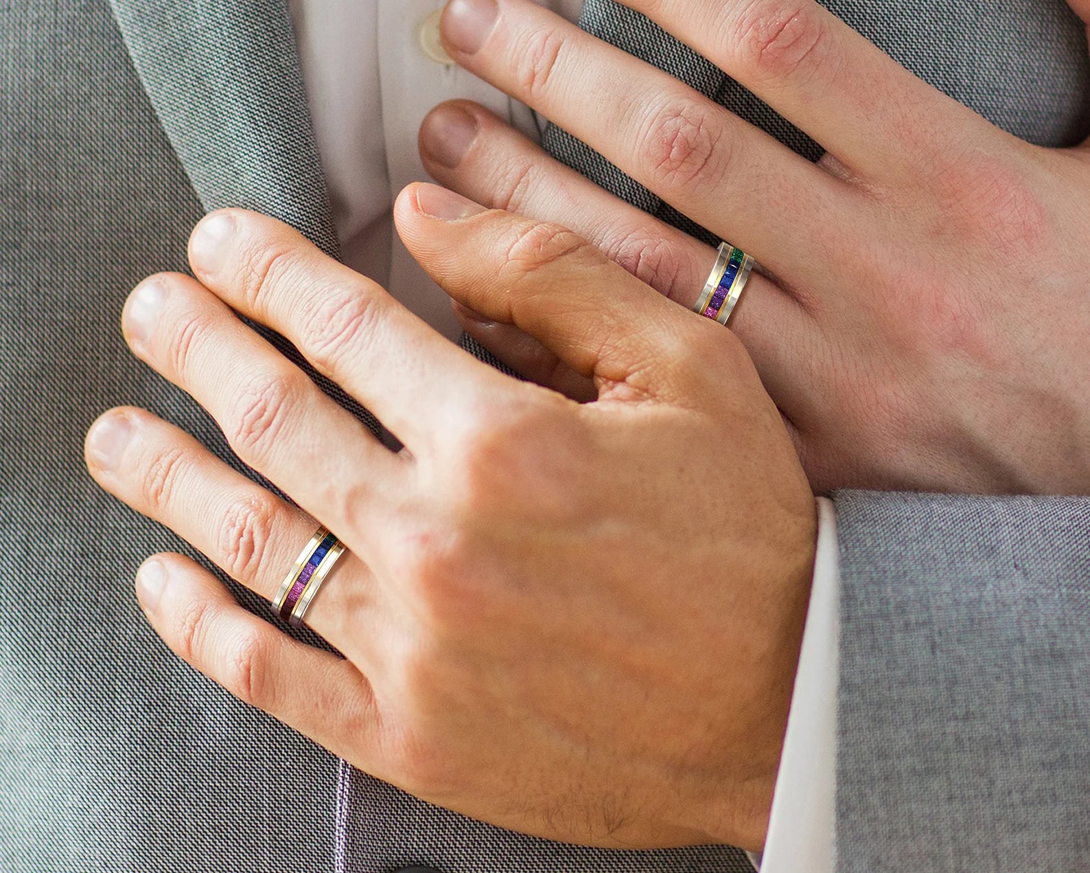 Two Tone Gold Rainbow Gemstone His And His Matching Wedding Bands – view 3