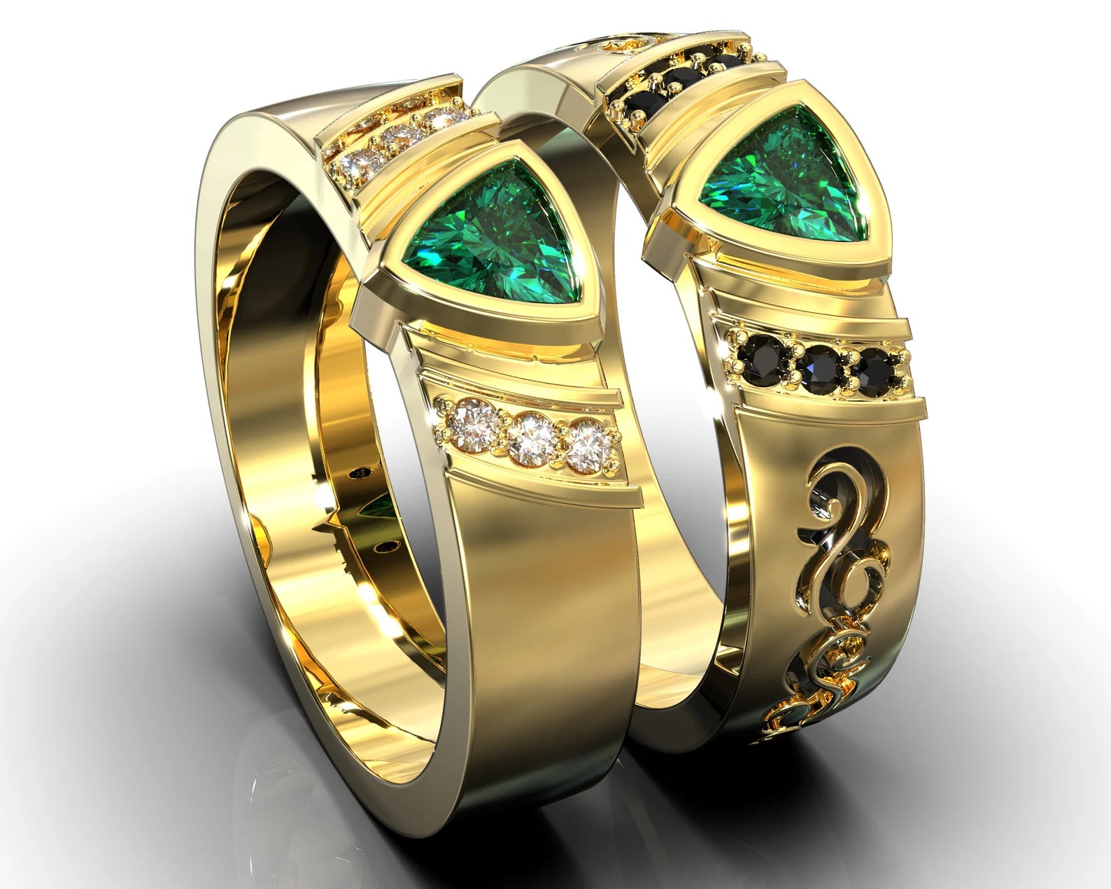 Tribal Gold Emerald Diamond Matching His and His Wedding Bands – view 1