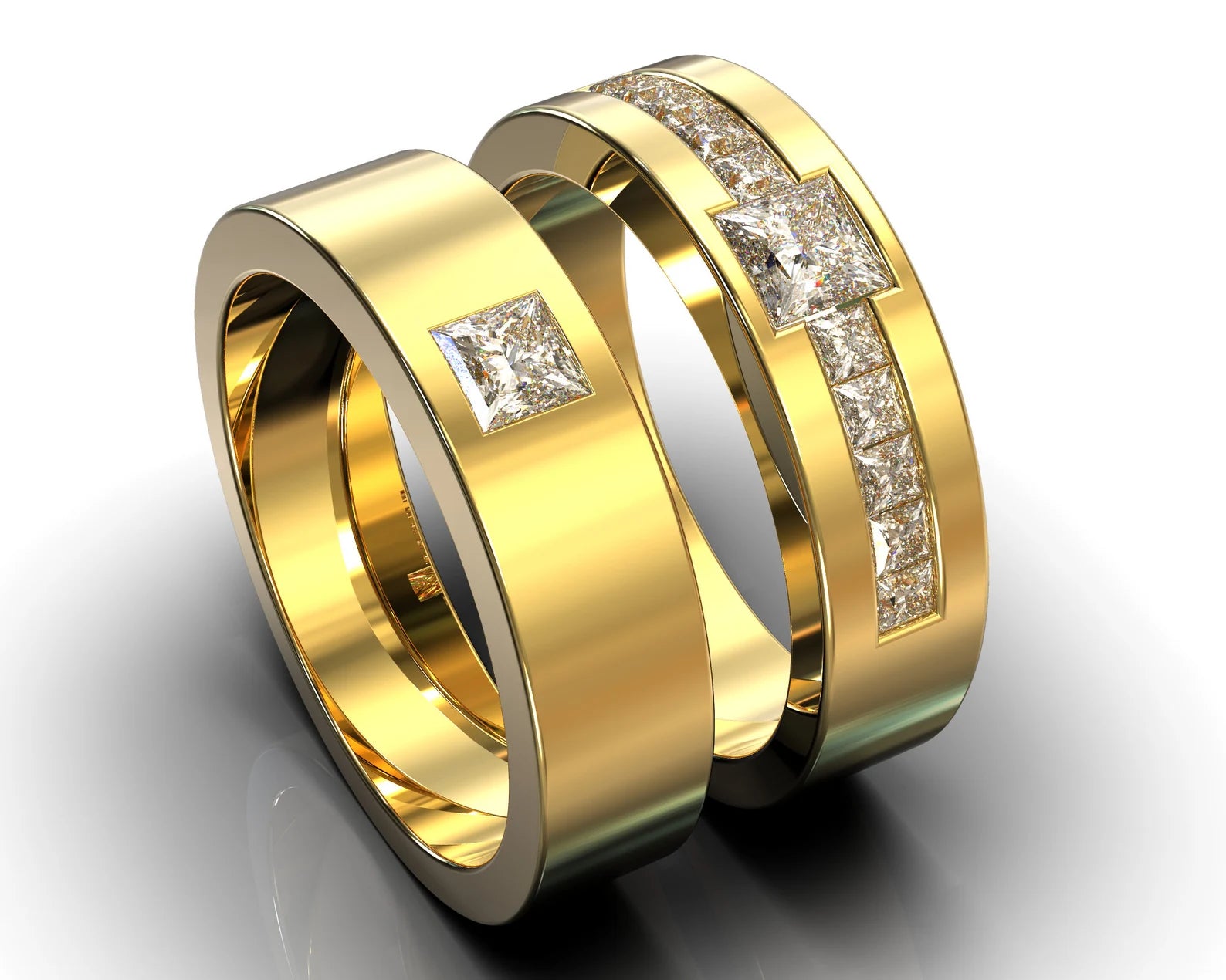 Unique Gold Princess Diamond His and His Matching Wedding Bands – view 1