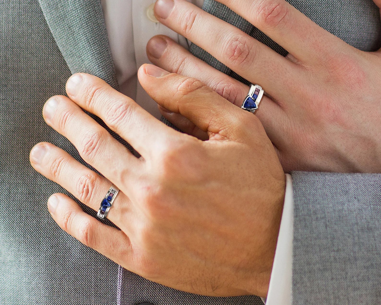 White Gold White Gold Sapphire Ruby Diamond His and His Matching Wedding Bands