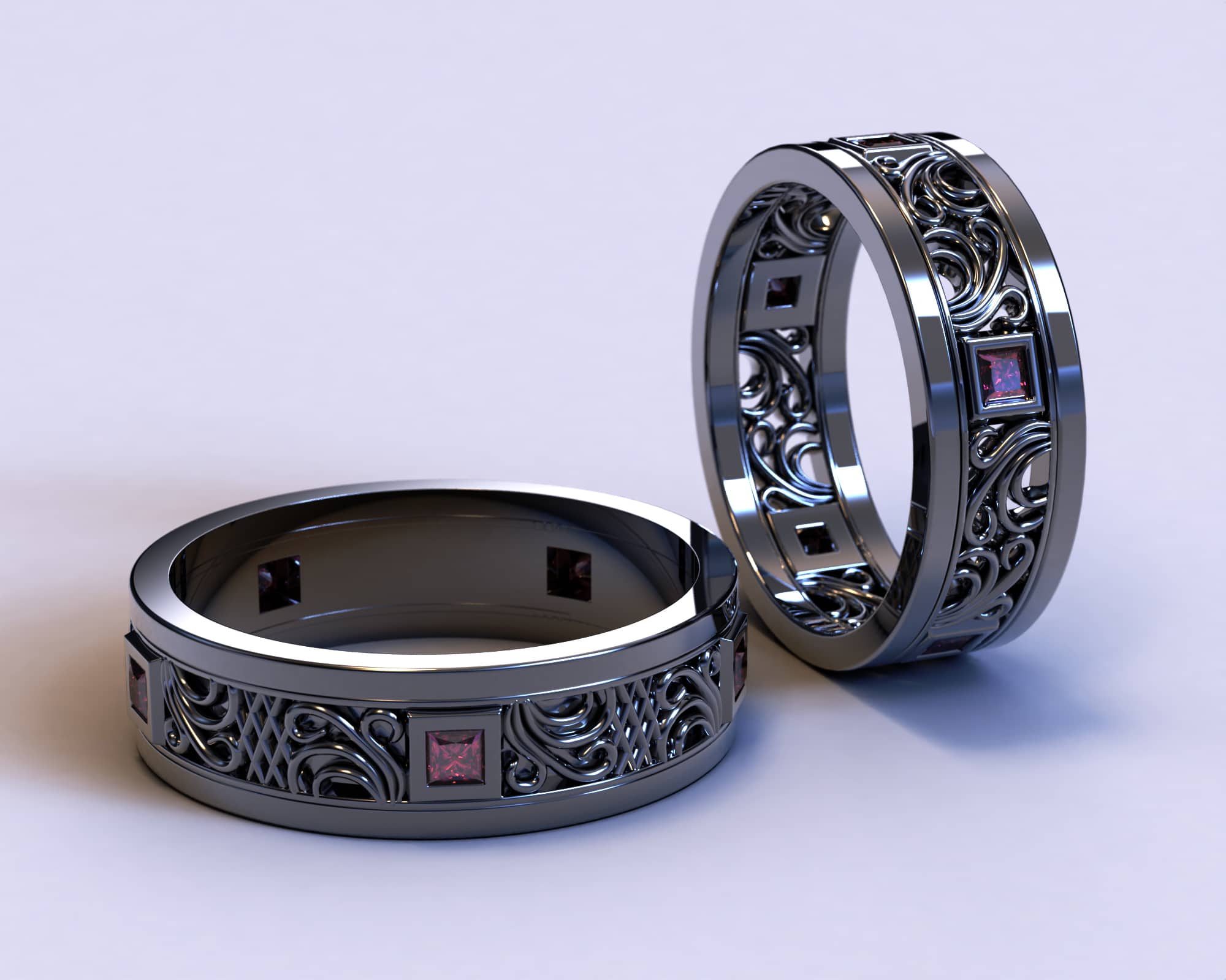 Black Gold Black Gold Filigree Ruby Matching Wedding Bands - Princess Gem