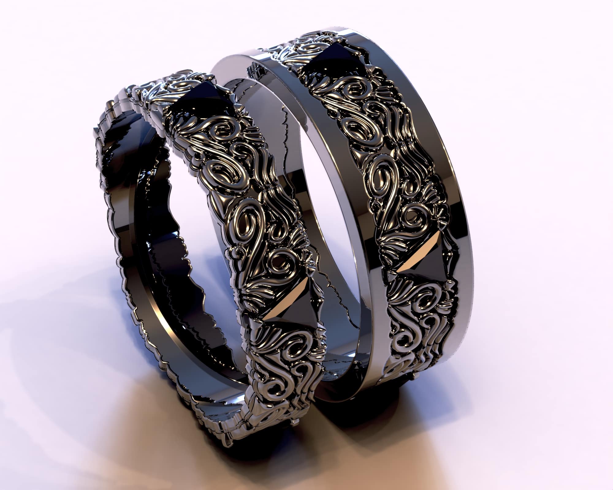 Black Gold Black Diamond His and Hers Wedding Bands Set – Triangle Gem