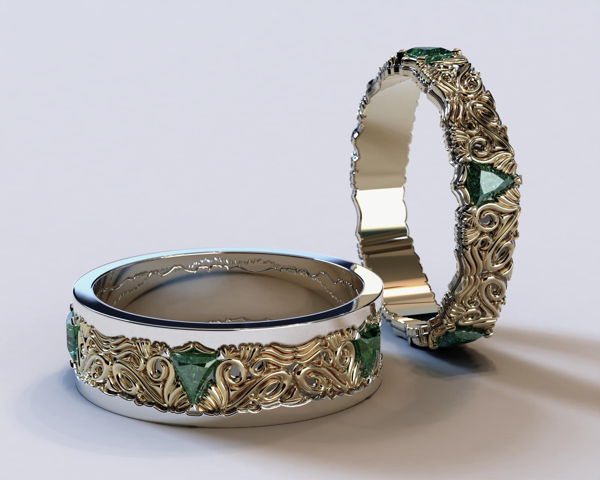 Two Tone Gold Emerald His and Hers Matching Wedding Bands – Triangle Gem