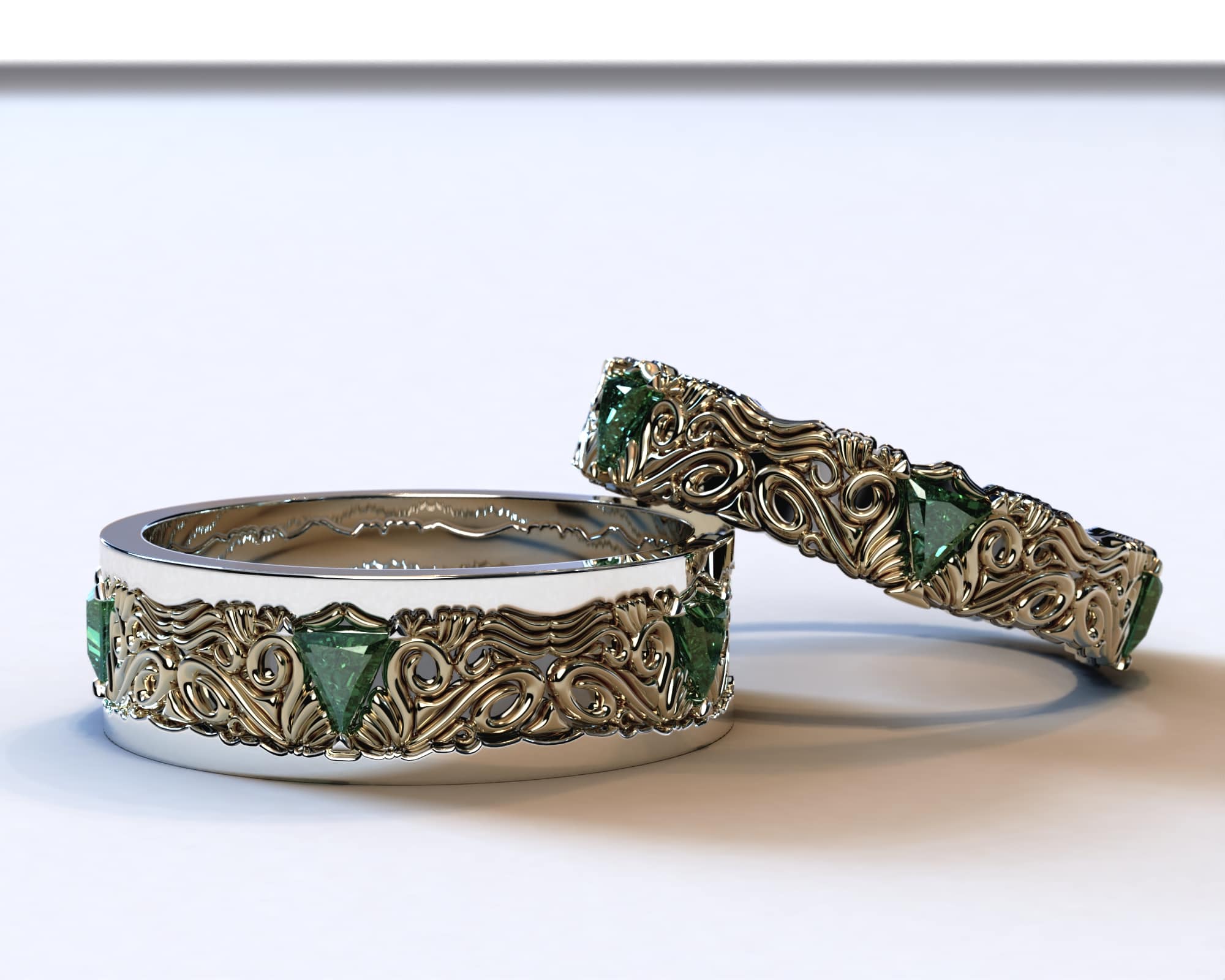 Two Tone Gold Emerald His and Hers Matching Wedding Bands – Triangle Gem