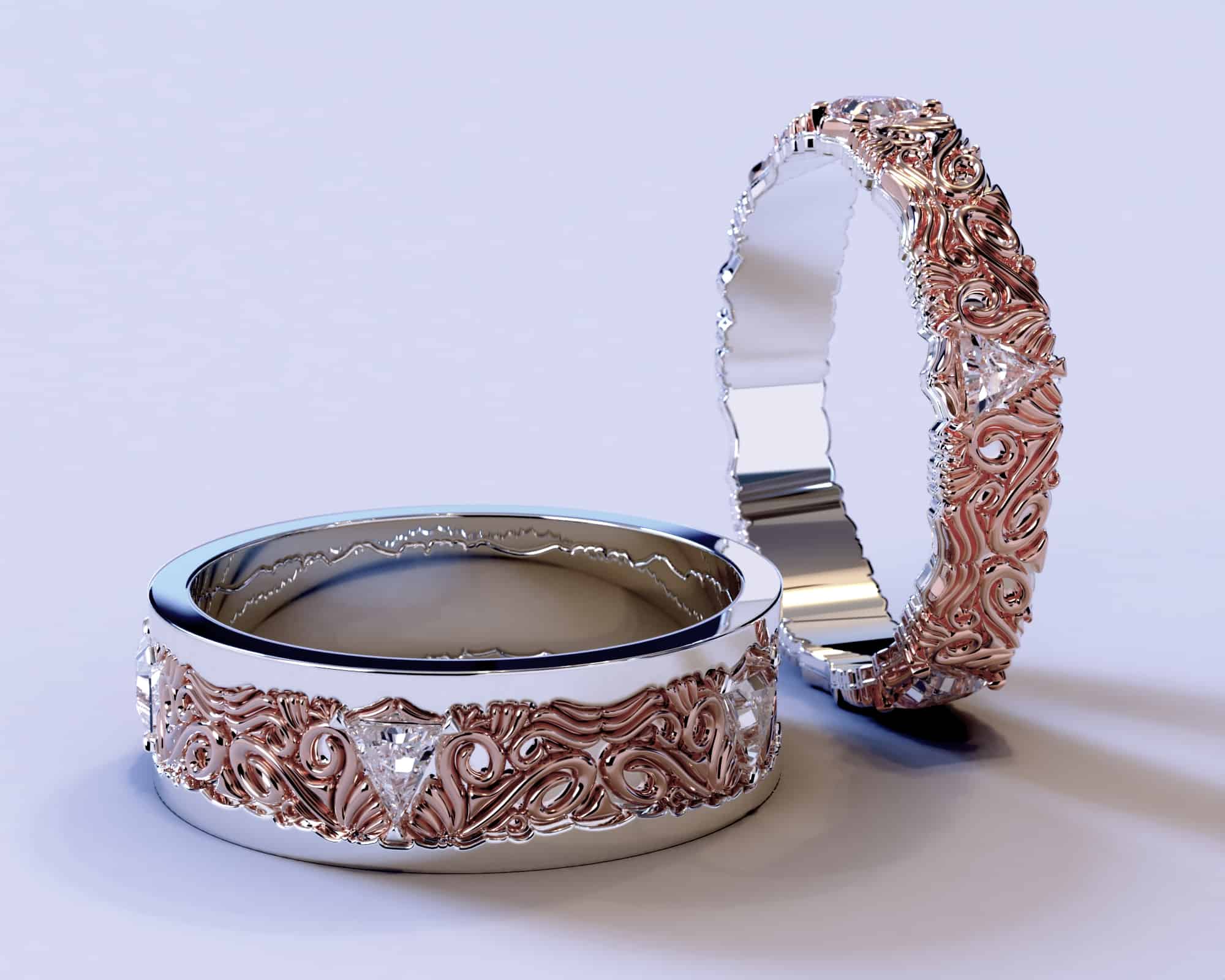 Two Tone Rose Gold Diamond His And Hers Wedding Band Set – Triangle Gem