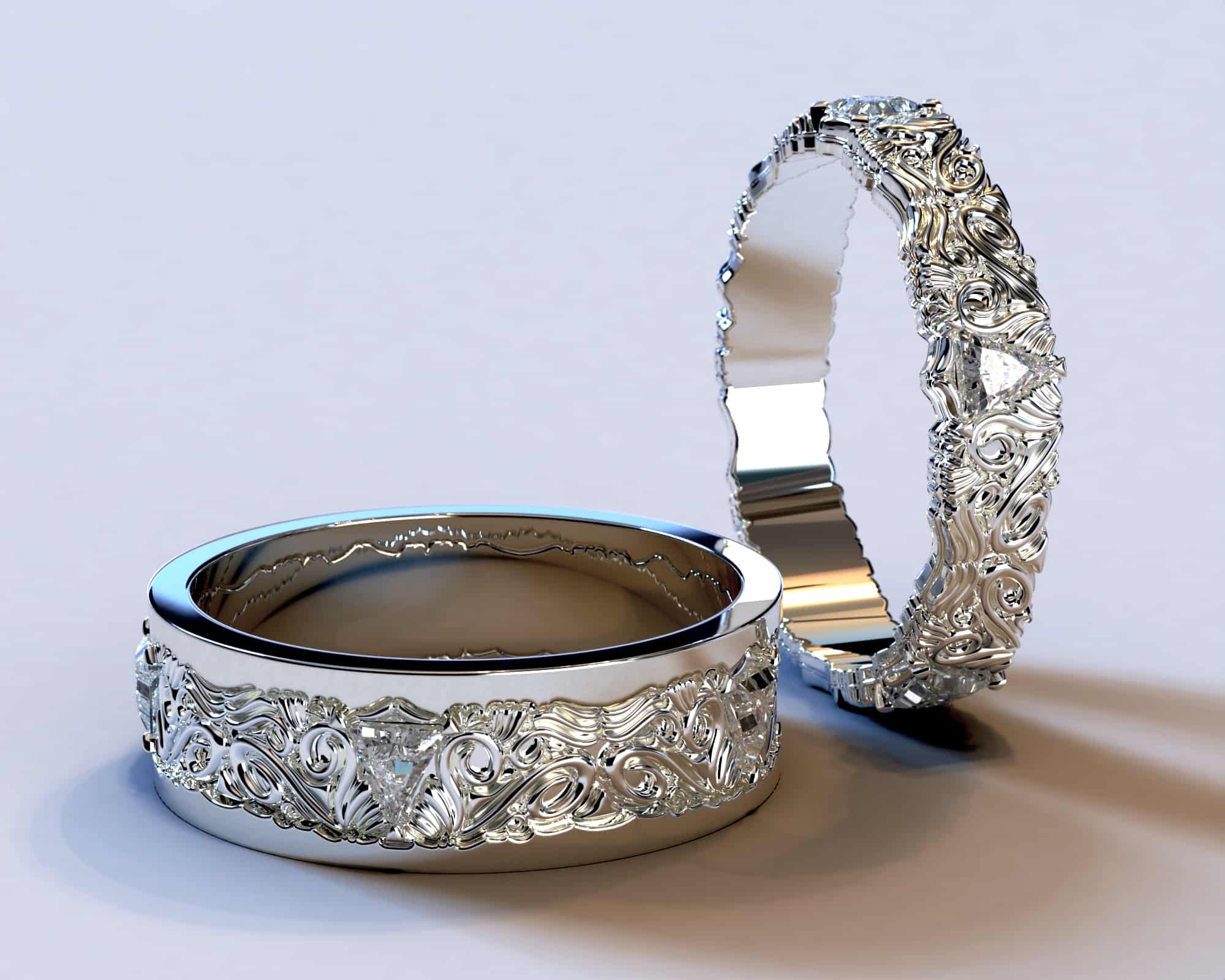 White Gold Diamond His and Hers Matching Wedding Bands – Triangle Gem