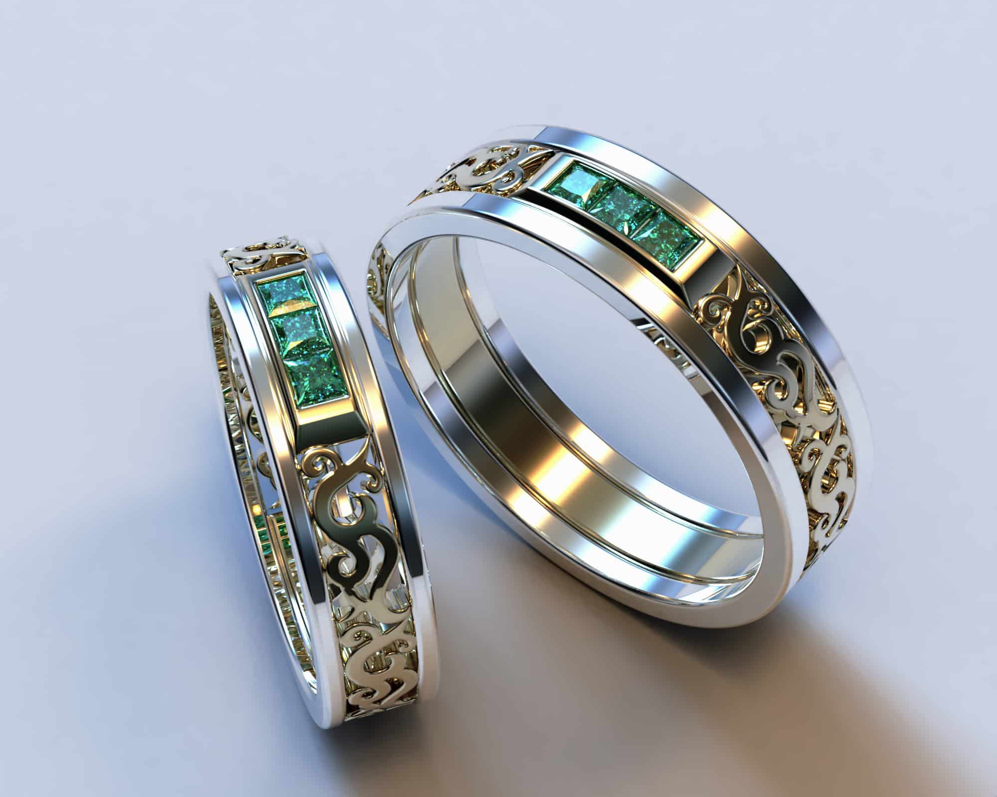 Two Tone Gold Square Emerald Matching Wedding Bands – Filigree Design