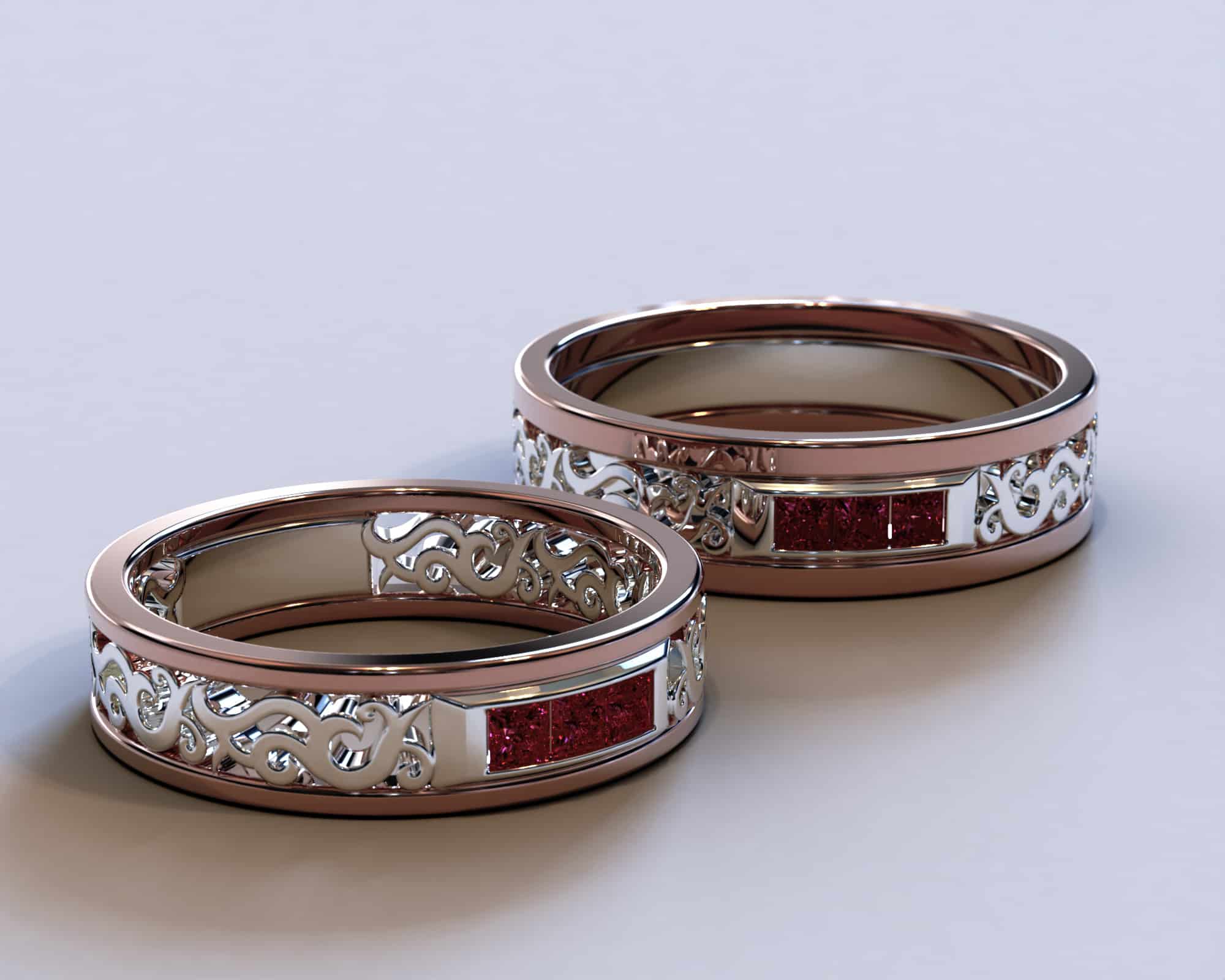 Two Tone Rose Gold Square Ruby Matching Wedding Bands – Filigree Design