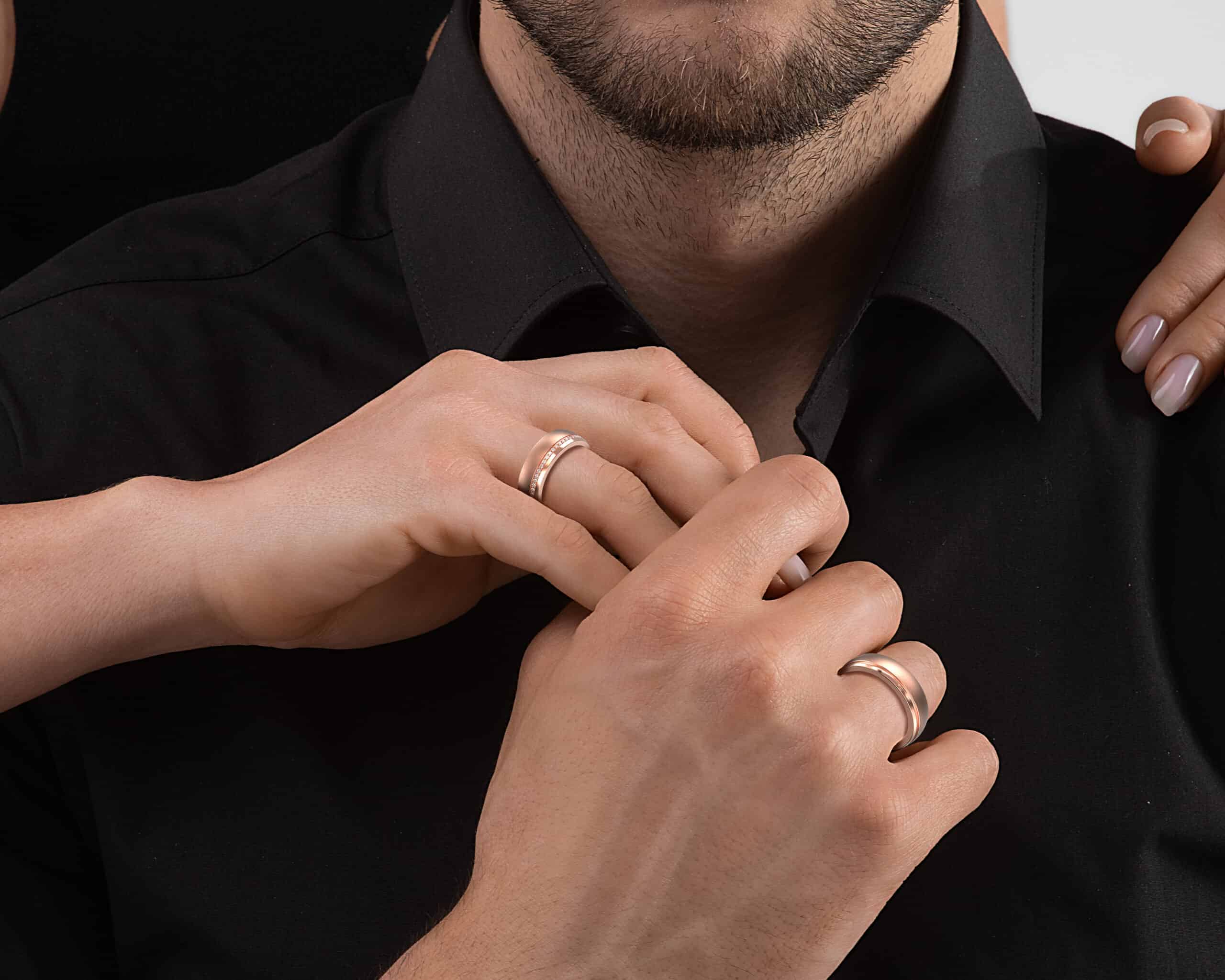 Rose Gold Rose Gold Diamond Matching Wedding Bands - Two Texture Ring