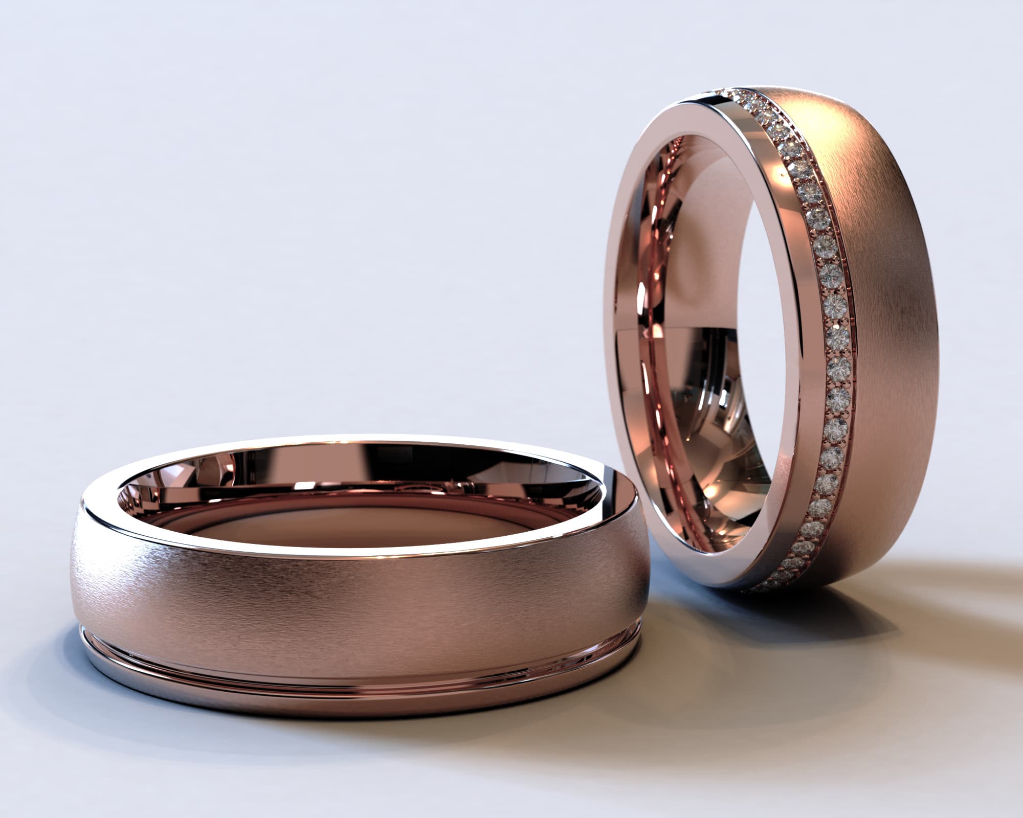 Rose Gold Diamond Matching Wedding Bands – Two Texture Ring