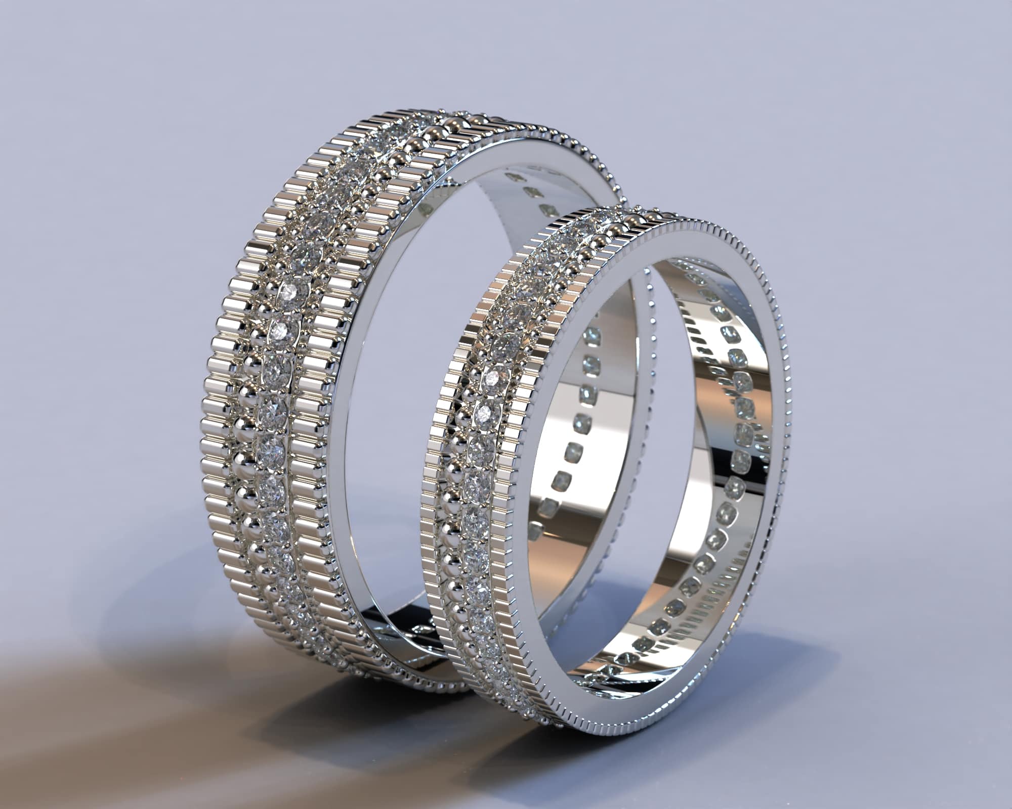 Textured White Gold Diamond Matching Wedding Bands – His and Hers Set