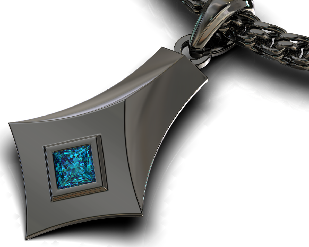 Spartacus geometric blue sapphire pendant with a black finish, close-up with chain