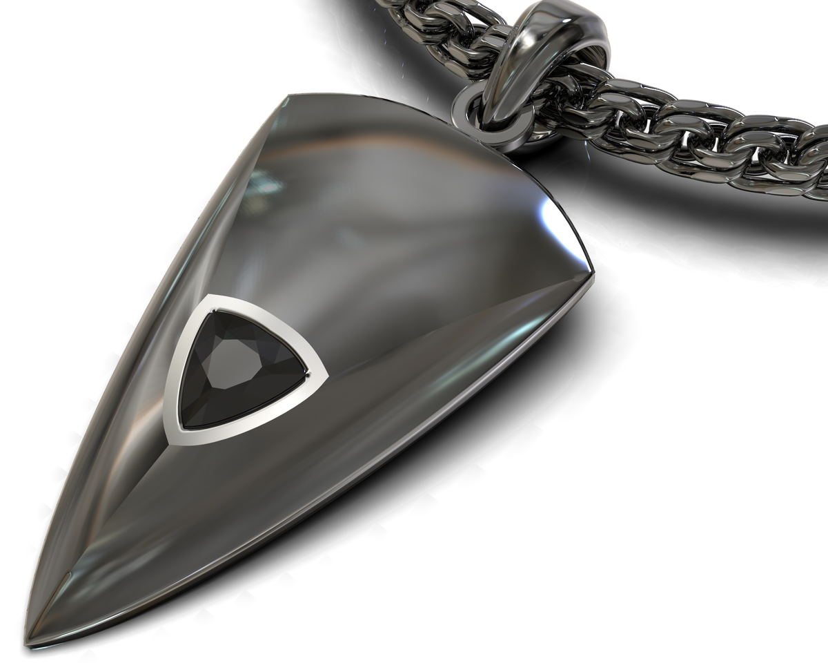 Genghis arrowhead-shaped black diamond pendant with a black finish, close-up with chain
