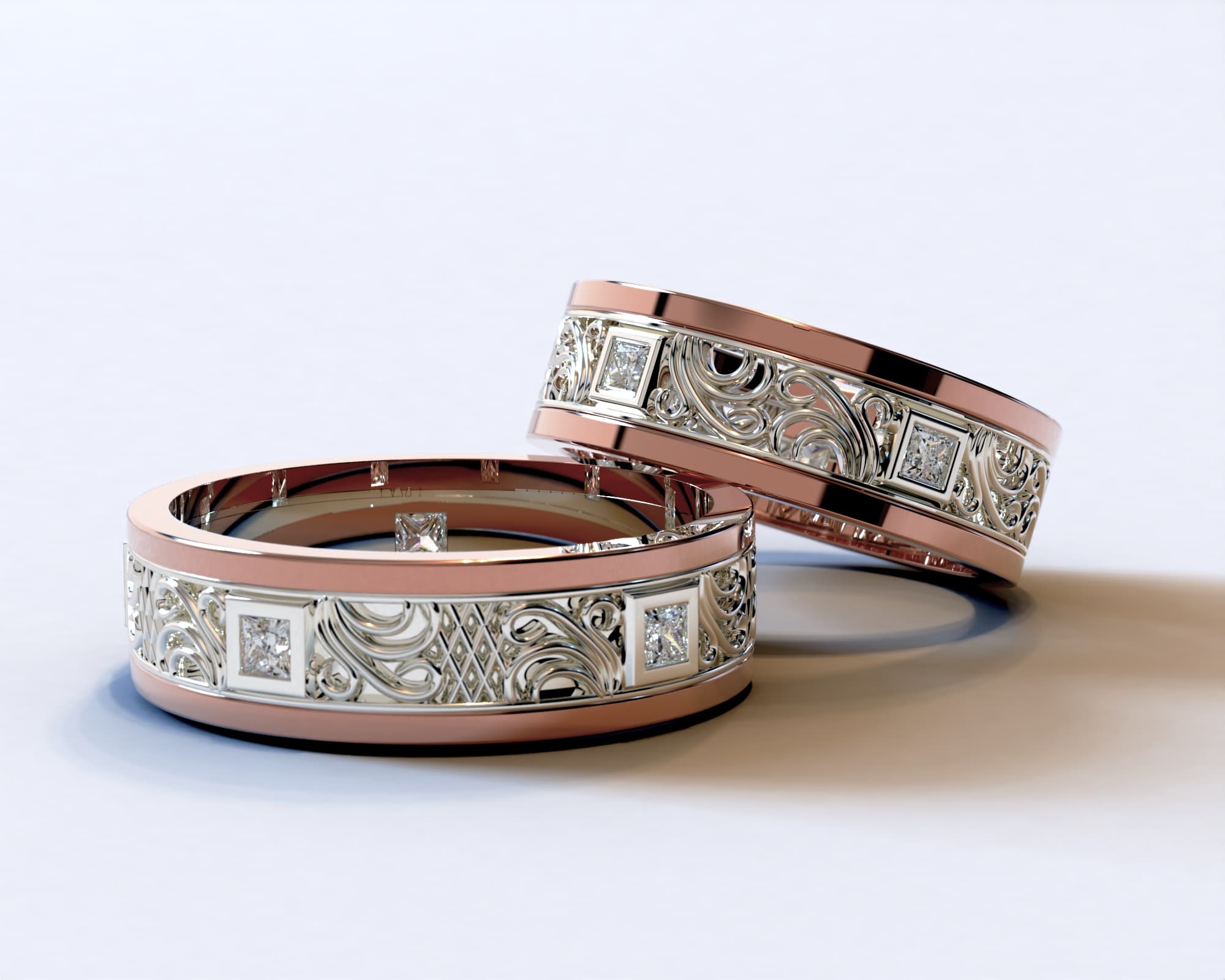 Two Tone Rose Gold Diamond Matching Wedding Bands – Princess Gem