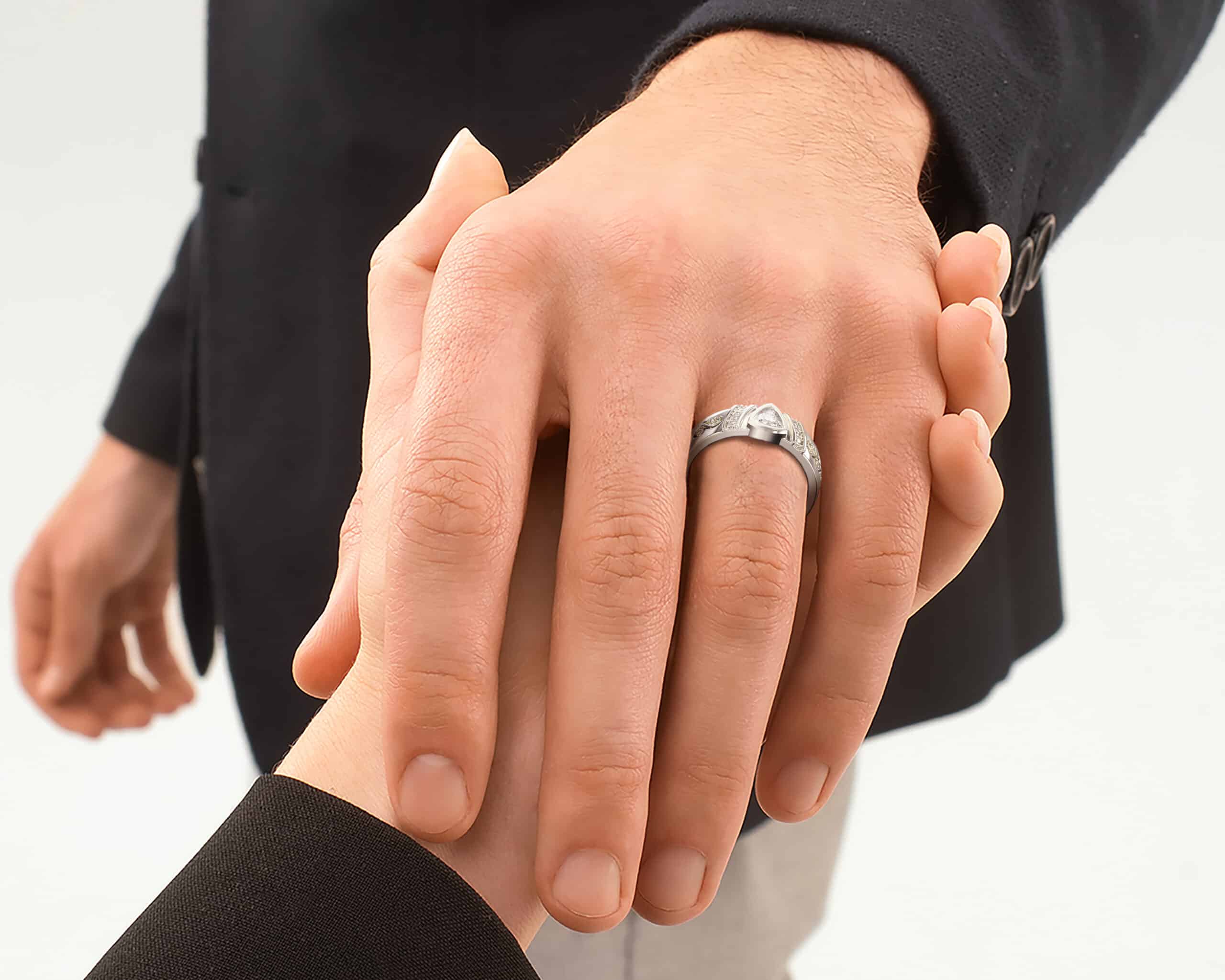 White Gold Trillion Diamond Men's Wedding Band - Tribal Ring