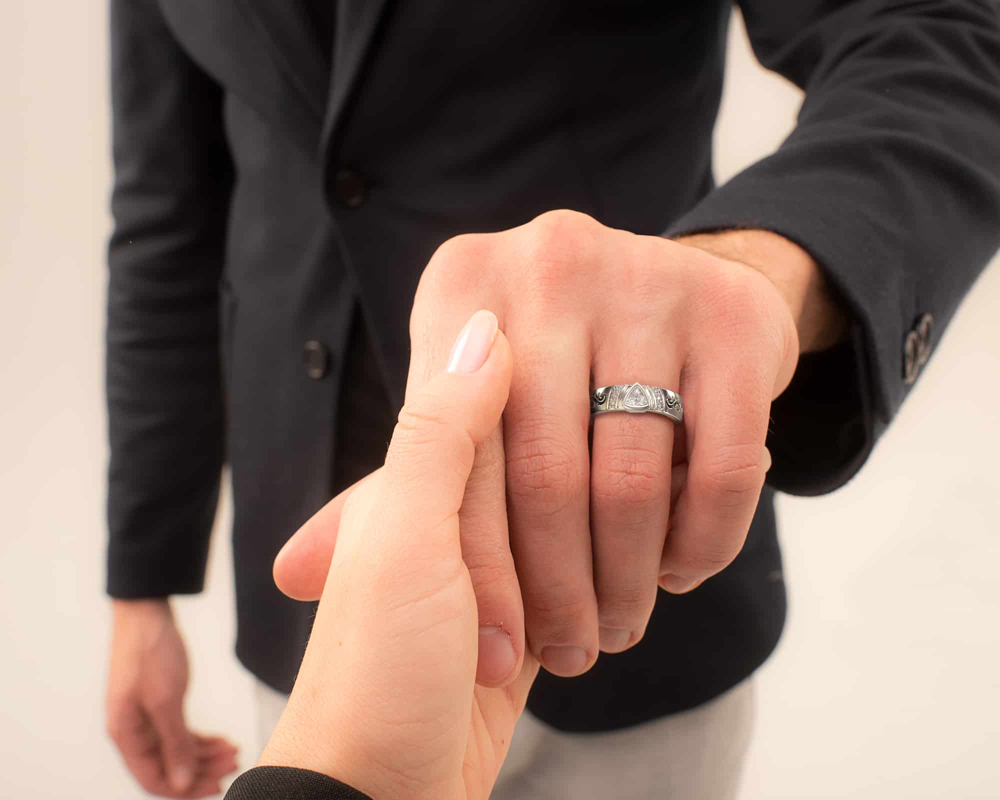 White Gold Trillion Diamond Men's Wedding Band - Tribal Ring