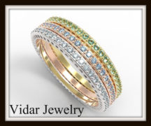 Three Tone Gold Multi Color Gem And Diamond Pave Microbands